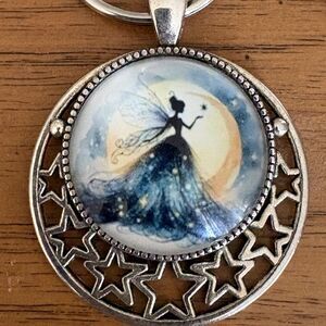 Fairy Moon Round Glass Art Keyring With Celestial Stars Charm (No Chain) Gift